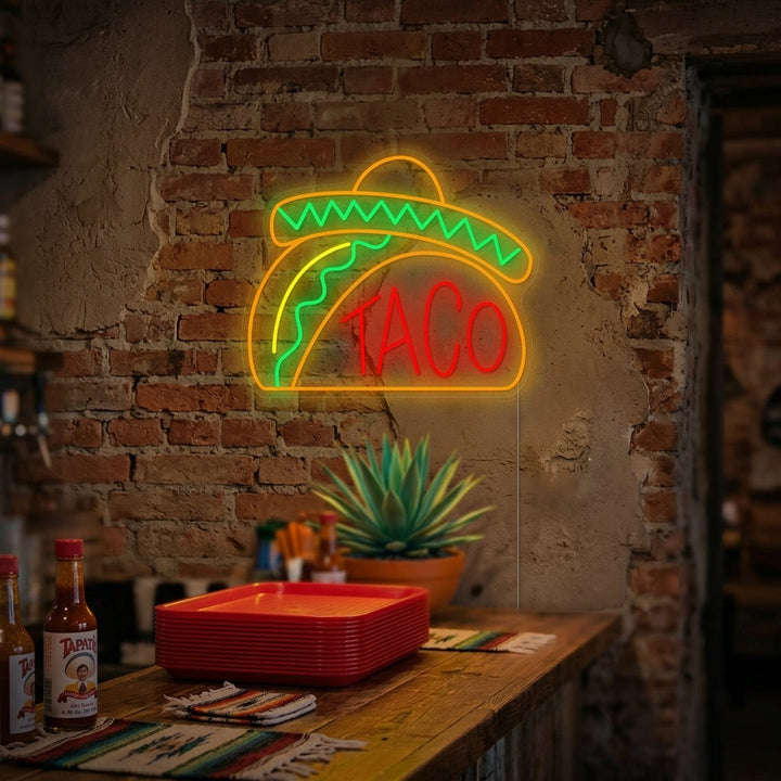 "Taco con sombrero mexicano" Letrero de neón