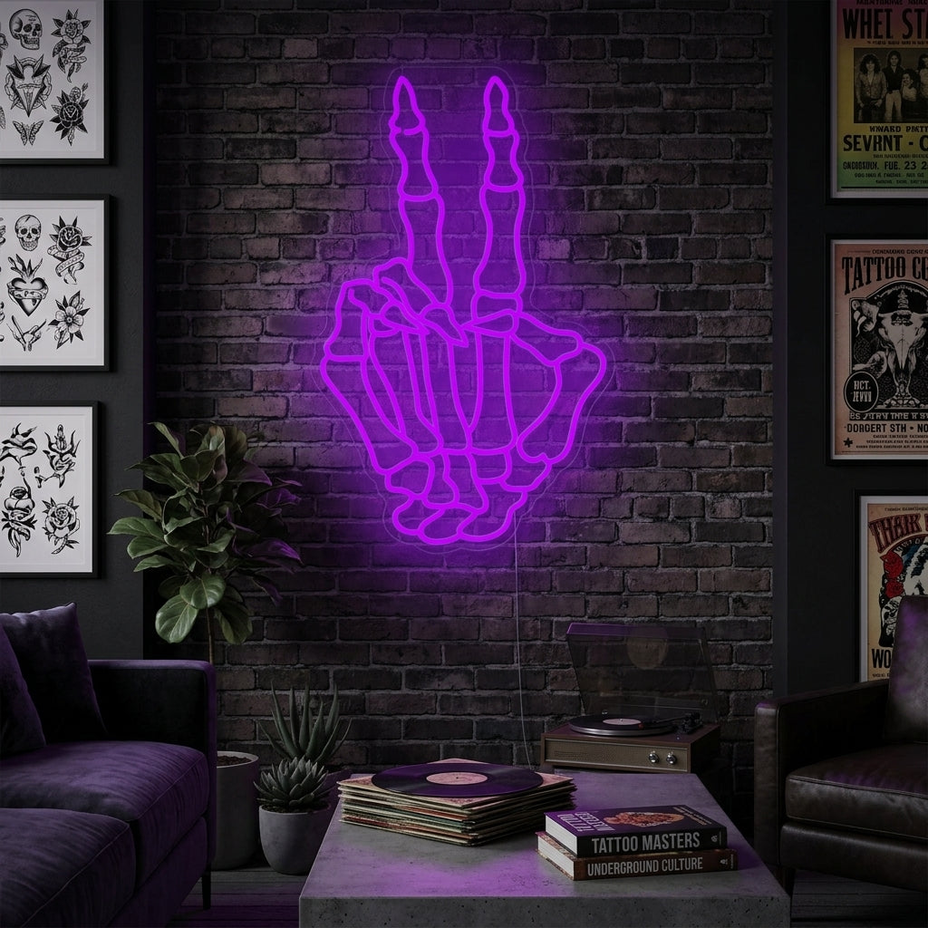 "Mano De Esqueleto Haciendo Gesto De Paz" Letreros Neon
