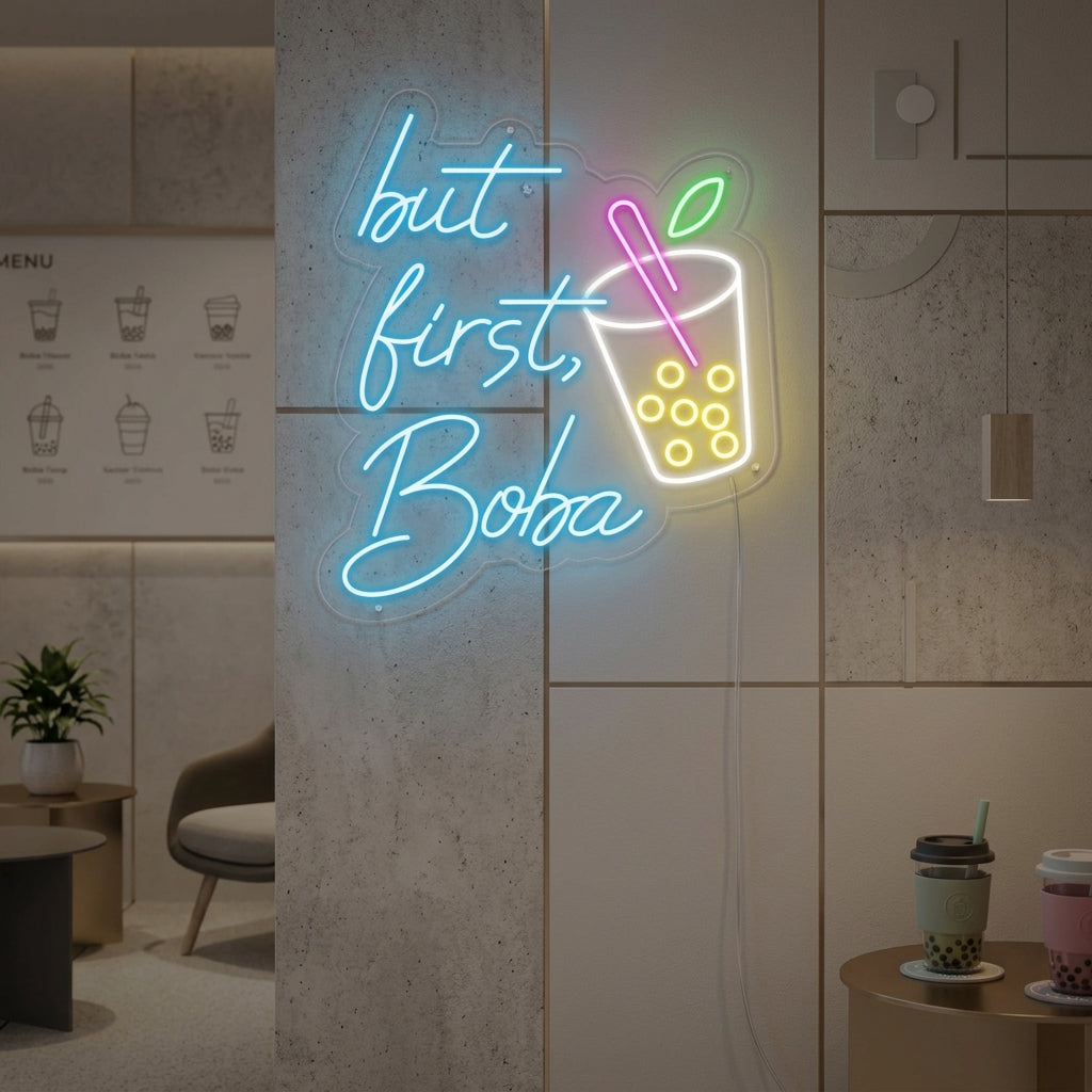 "Taza, But First Boba" Letreros Neon