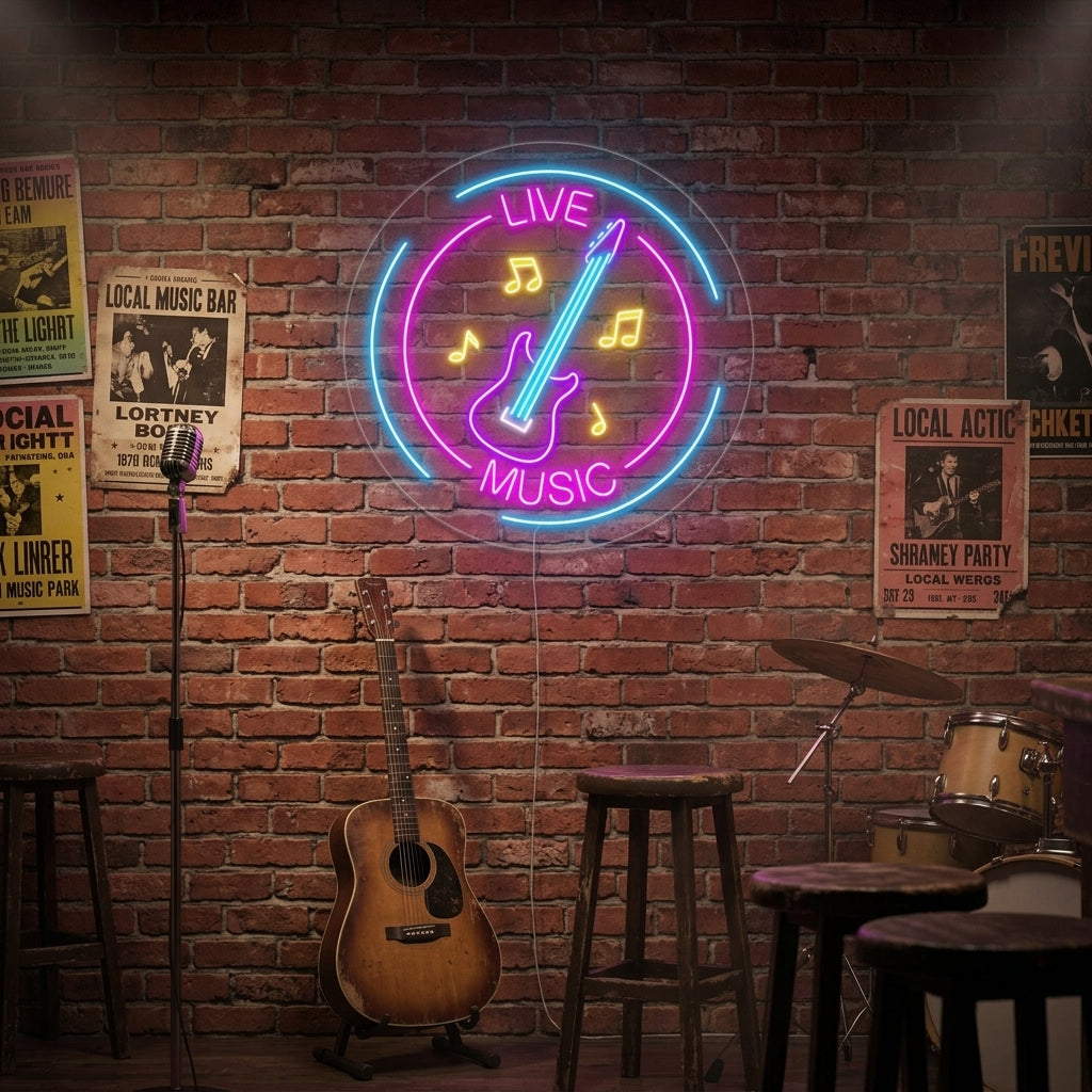"Live Music, Notas Musicales, Guitarra" Letreros Neon
