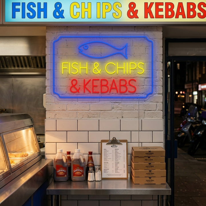 "Fish Chips Kebabs" Letrero de neón