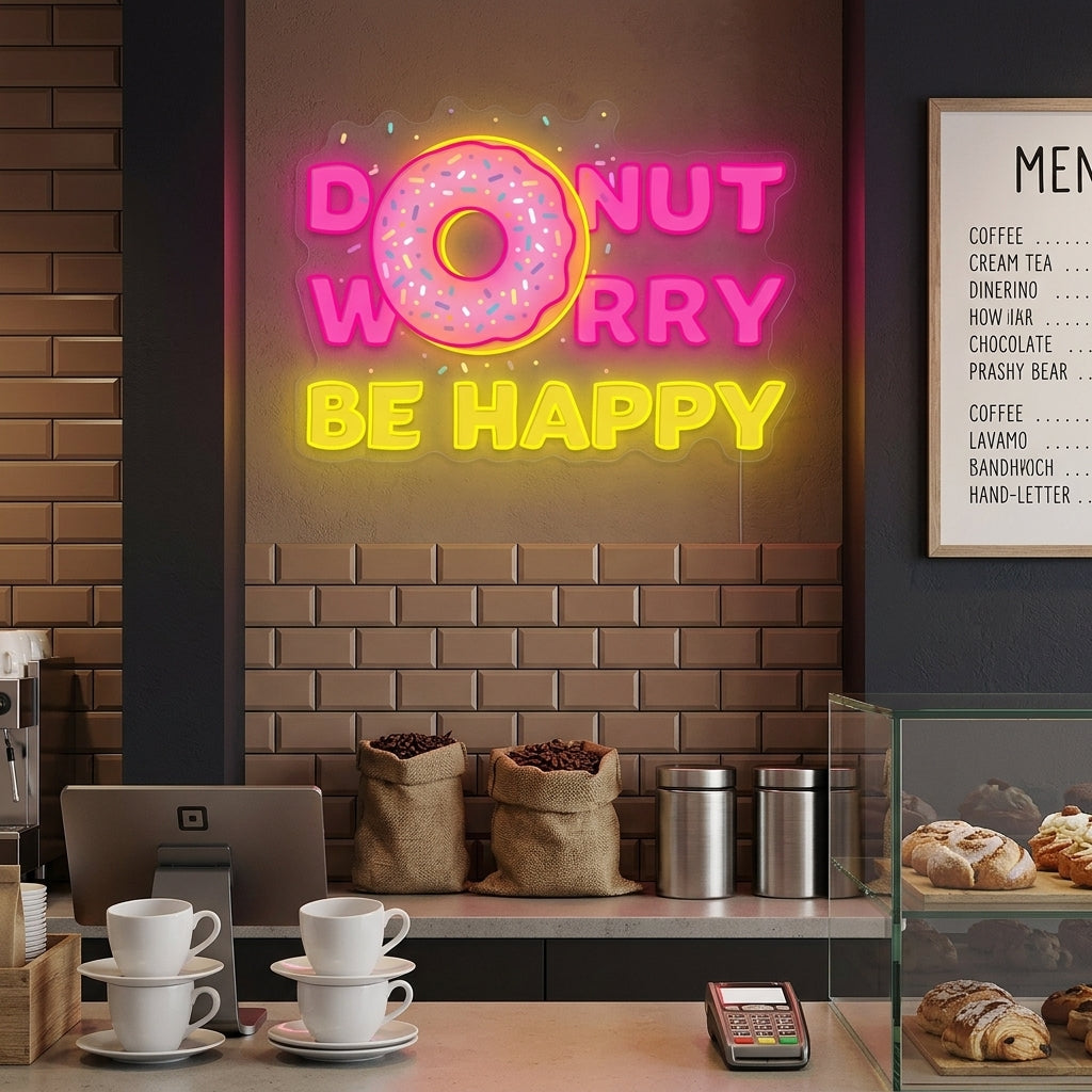 "Donut Do Not Worry Be Happy" Letrero de neón