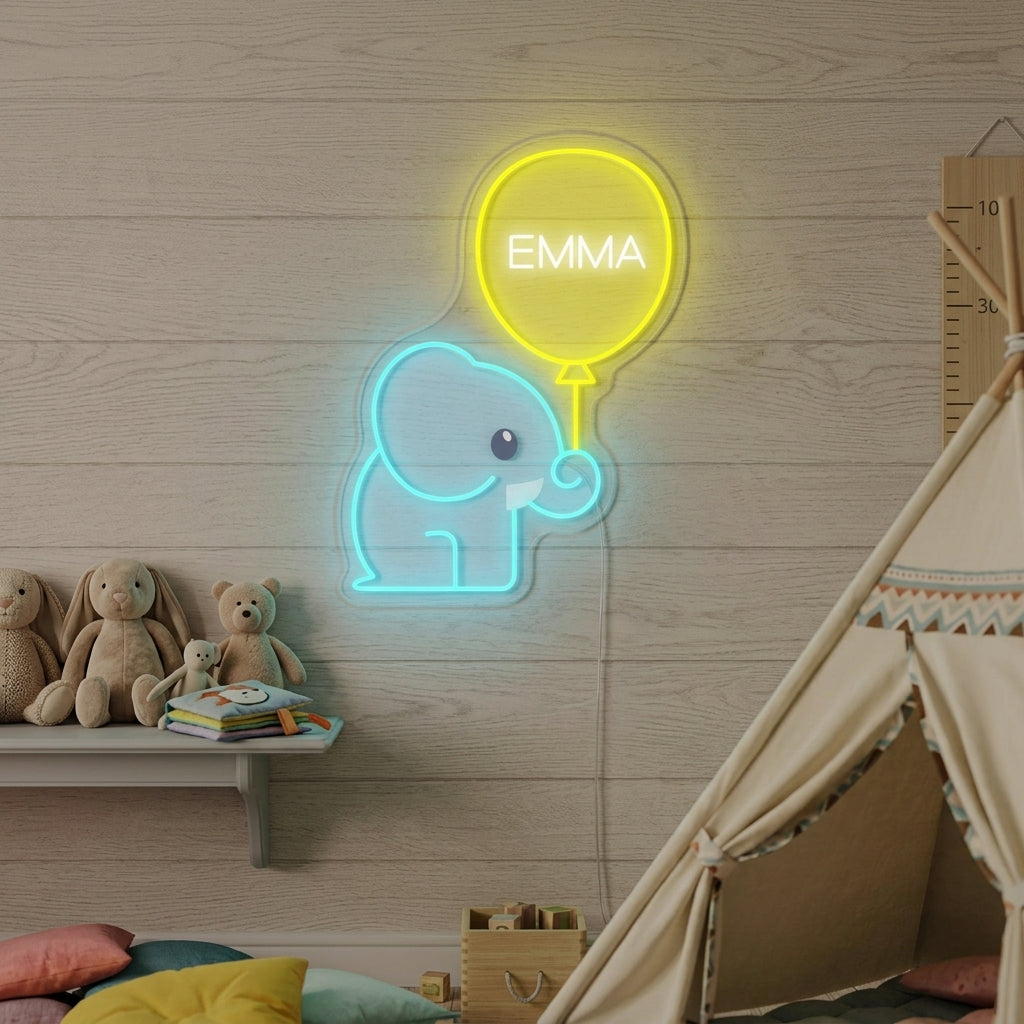 "Nombre Personalizado Con Elefante Y Globo, Decoracion De Habitaciones Infantiles" Letreros Neon