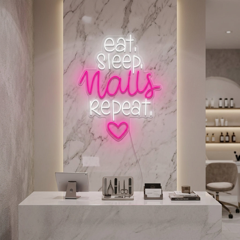 "Estudio De Uñas Eat Sleep Nails Repeat" Letreros Neon