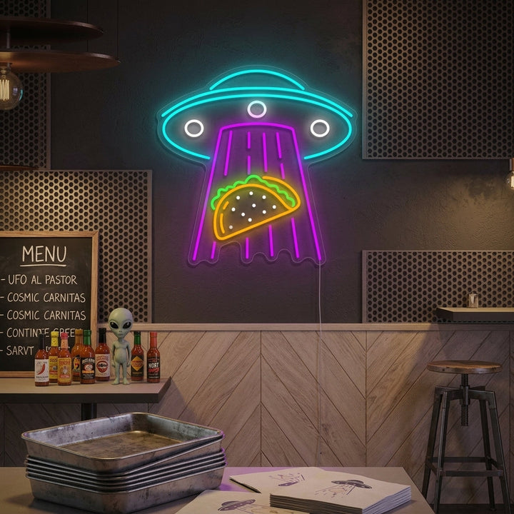 "Ufo Abducting Tacos" Letrero de neón