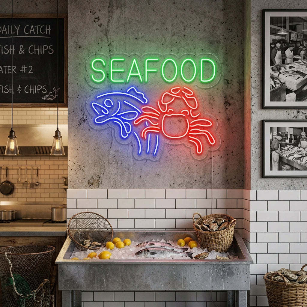 "Seafood, Cangrejo, Pez" Letreros Neon