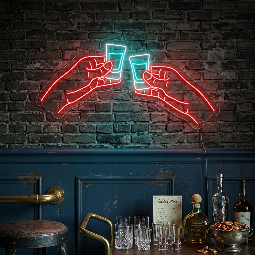 "Dos Manos Chocando Vodka O Tequila Chupitos Bar" Letreros Neon