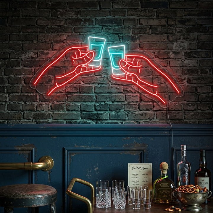 "Dos Manos Chocando Vodka O Tequila Chupitos Bar" Letreros Neon