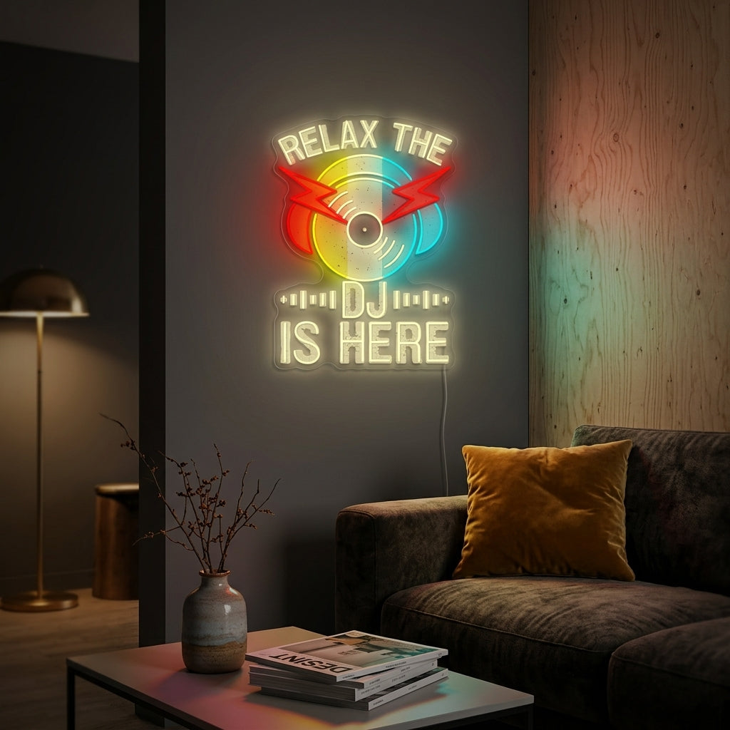 "Relax The Dj Is Here" Letrero de neón