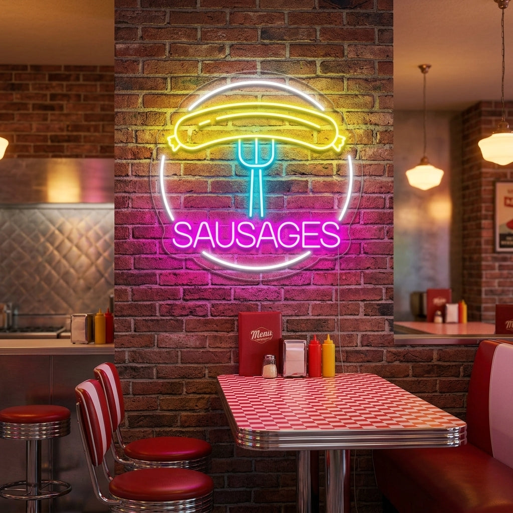 "Sausages, salchicha, tenedor" Letreros Neon