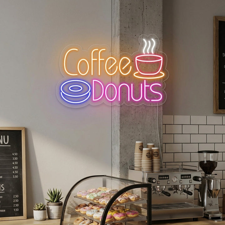 "Café caliente, Coffee Donuts" Letreros Neon