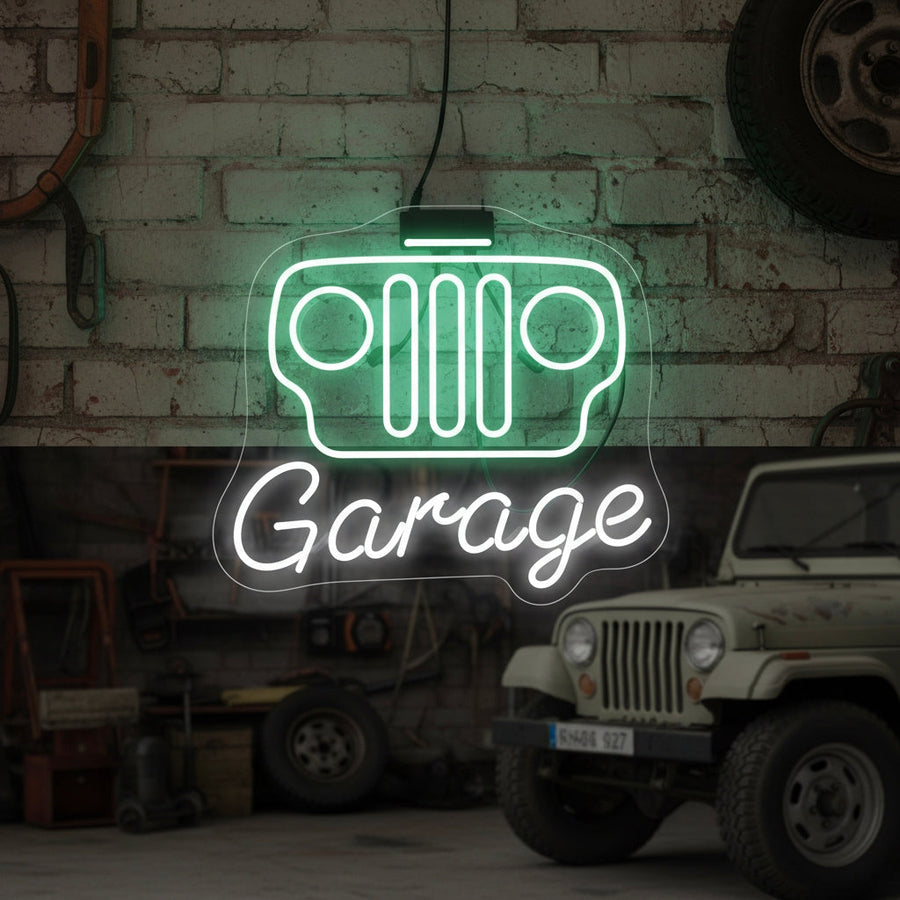 Neon sign featuring Jeep grille design with “Garage” text in white, perfect for 4x4 and off-road enthusiasts.