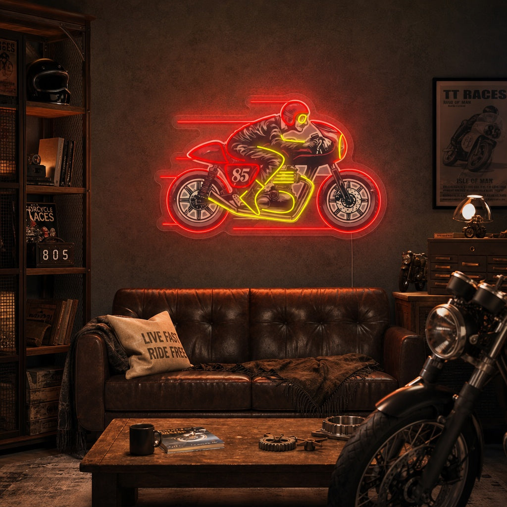 "Hombre Montando Una Vieja Motocicleta Cafe Racer" Letrero de neón