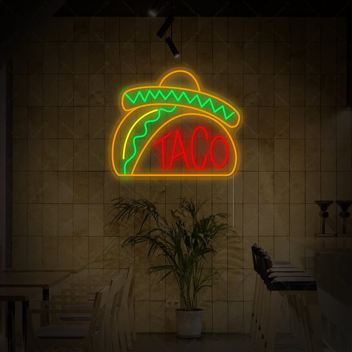 "Taco con sombrero mexicano" Letrero de neón