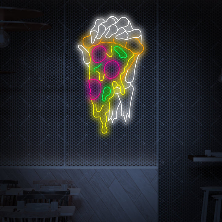 "Mano de esqueleto sosteniendo pizza" Letrero de neón