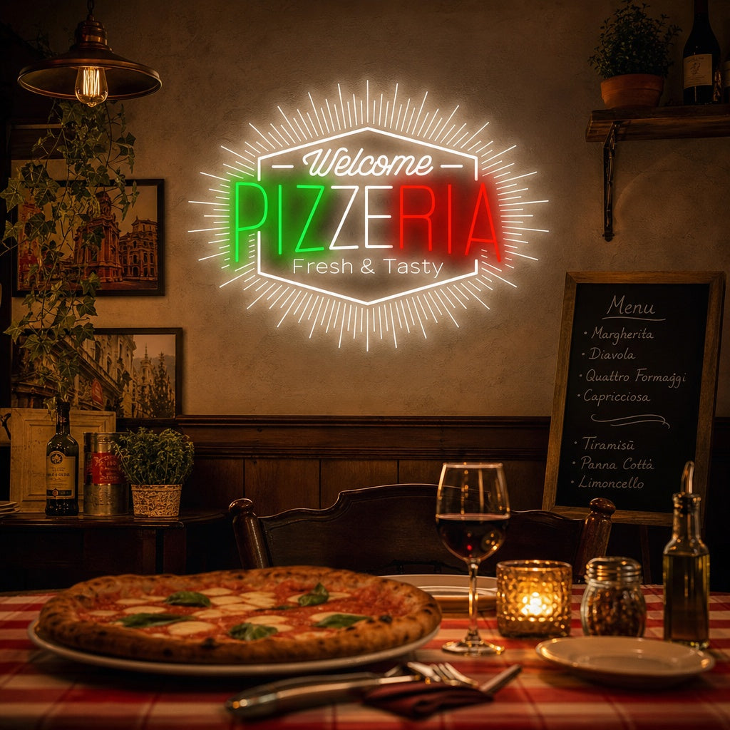"Welcome Pizzeria" Letrero de neón