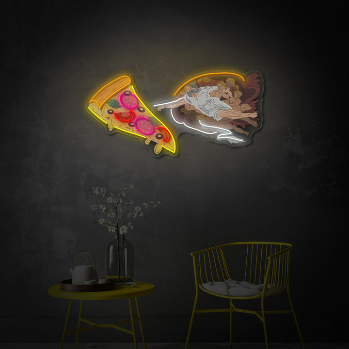 "Adam God hizo pizza, anuncio de comida rápida, logotipo de restaurantes" Letrero de neón LED impreso con UV