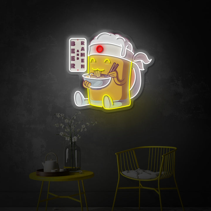 "Personaje de cerveza comiendo ramen, logotipo de restaurante japonés" Letrero de neón LED impreso con UV