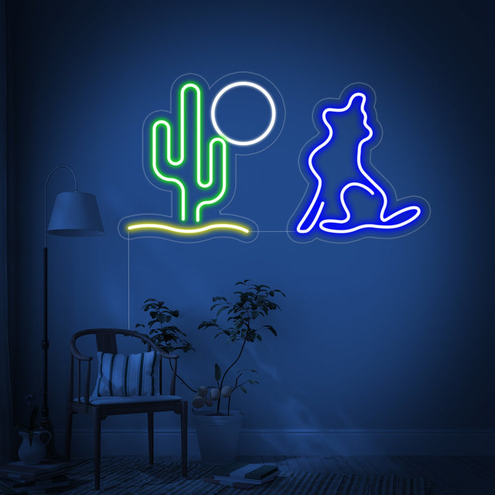 "Cactus, Luna, Lobo" Letreros Neon