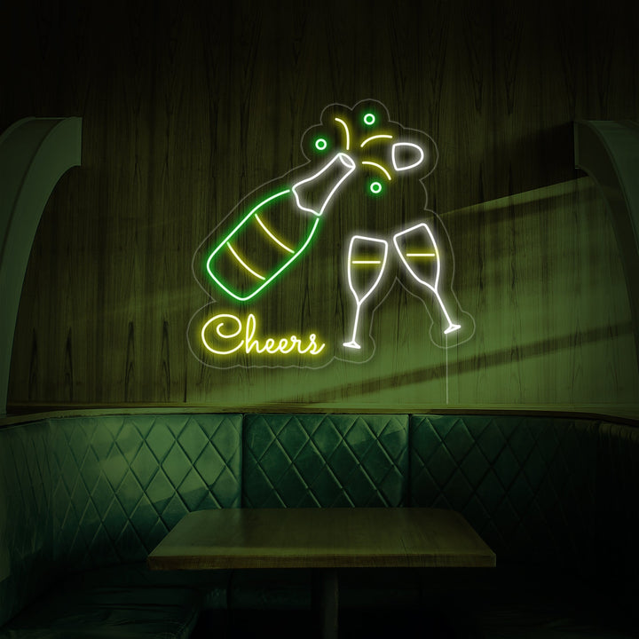 "Botella De Champán, Copas De Champán, Cheers" Letreros Neon
