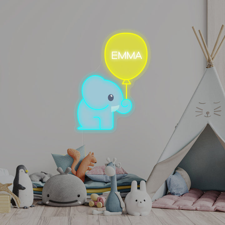"Nombre Personalizado Con Elefante Y Globo, Decoracion De Habitaciones Infantiles" Letreros Neon