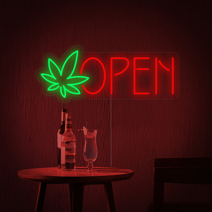 "open, dispensary, hoja de marihuana" Letreros Neon