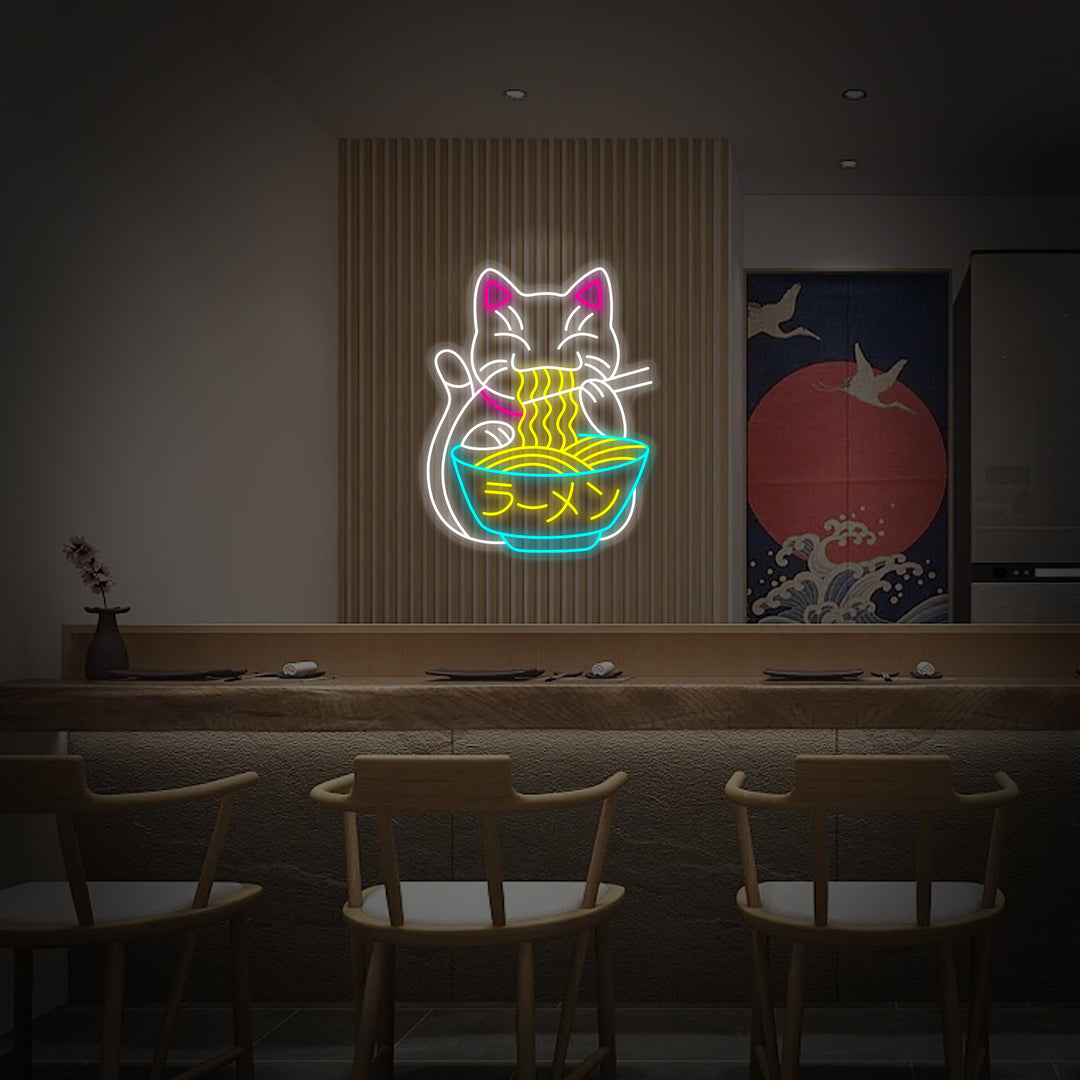 "El Gato De La Fortuna Come Ramen Y Fideos Japoneses" Letreros Neon