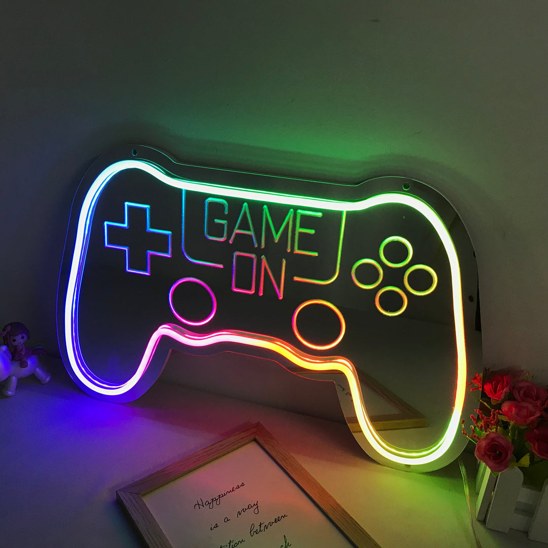 "Game On, Controlador De Juego, Cambio De Color Soñador" Espejo con Letreros Neon