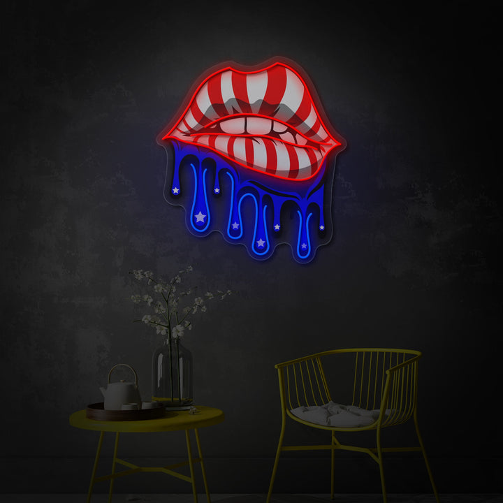 "Labios con bandera americana goteando" Letrero de neón LED impreso con UV