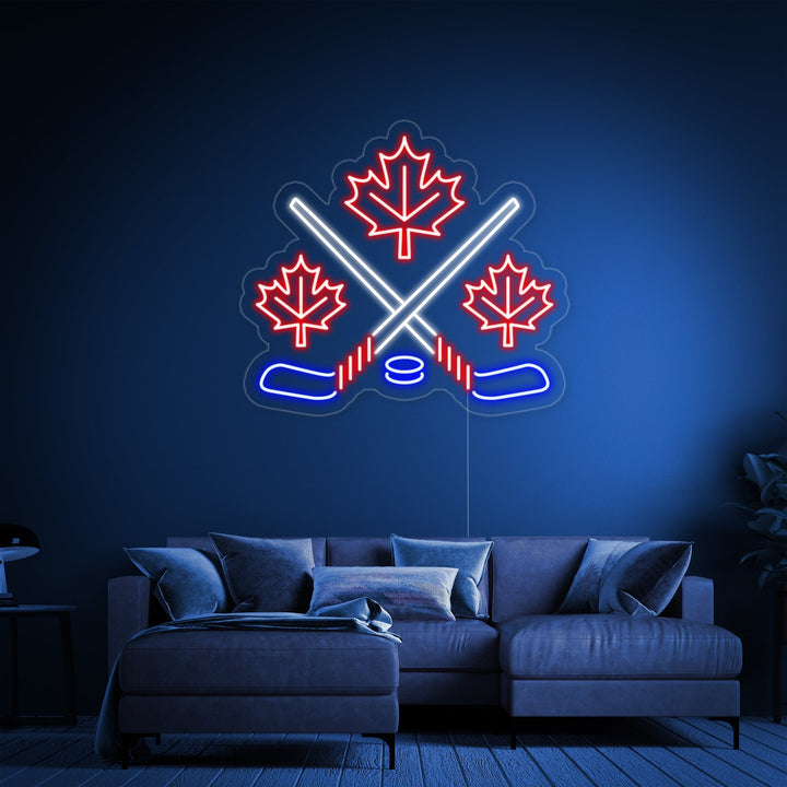 "Hojas De Arce Con Palos De Hockey Cruzados" Letreros Neon