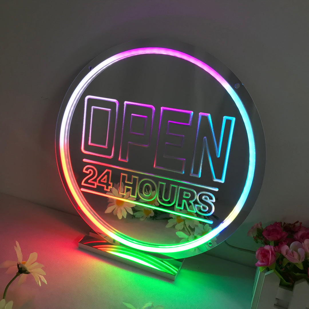 "Open 24 Hours, Cambio De Color Soñador" Espejo con Letreros Neon