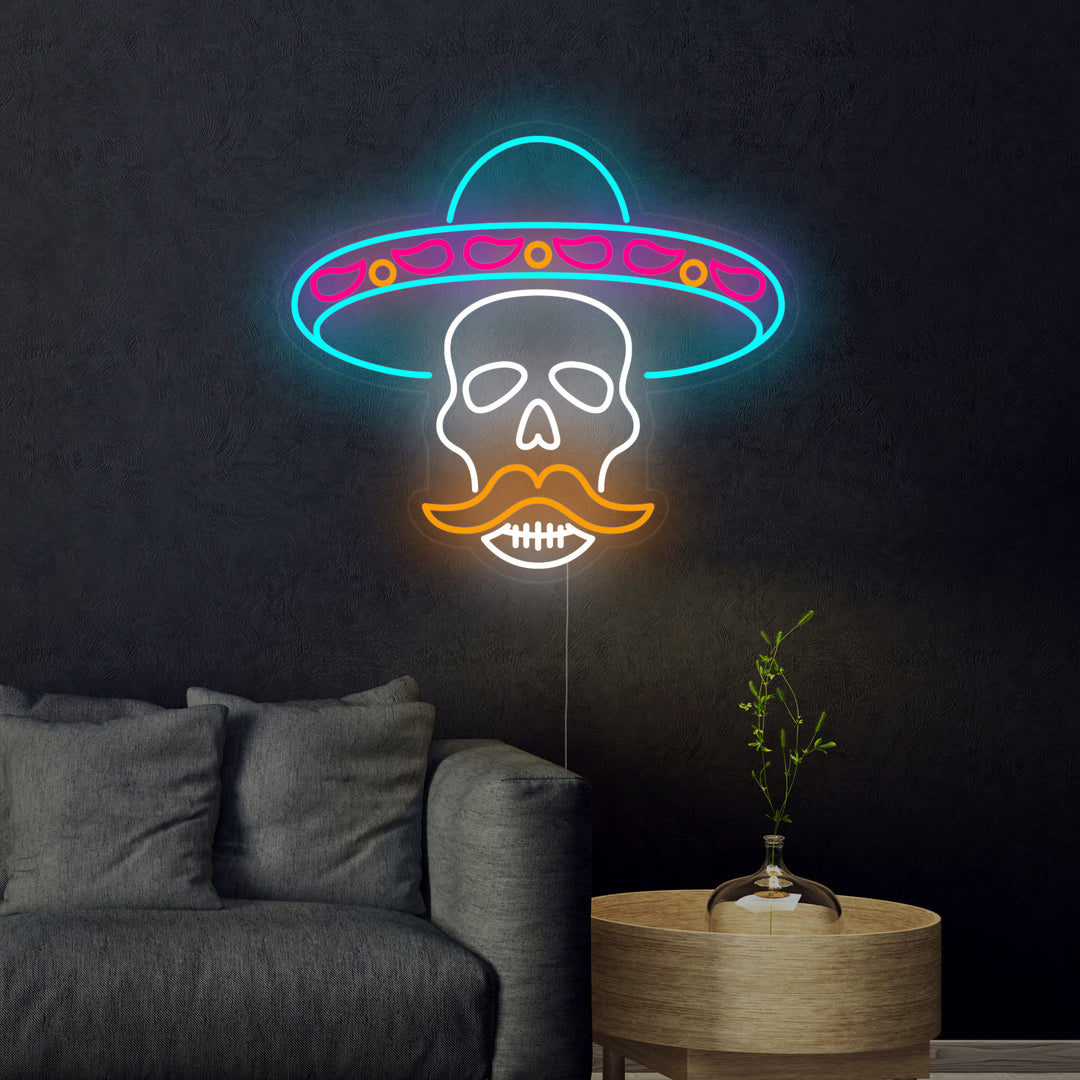 "Calavera En Sombrero Para El Dia De Los Muertos" Letreros Neon