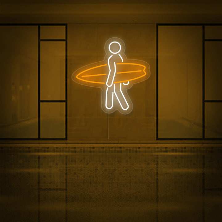 "Hombre Llevando Una Tabla De Surf En El Deporte De Surf" Letreros Neon