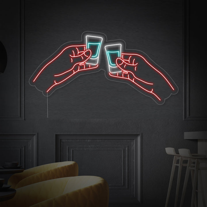 "Dos Manos Chocando Vodka O Tequila Chupitos Bar" Letreros Neon