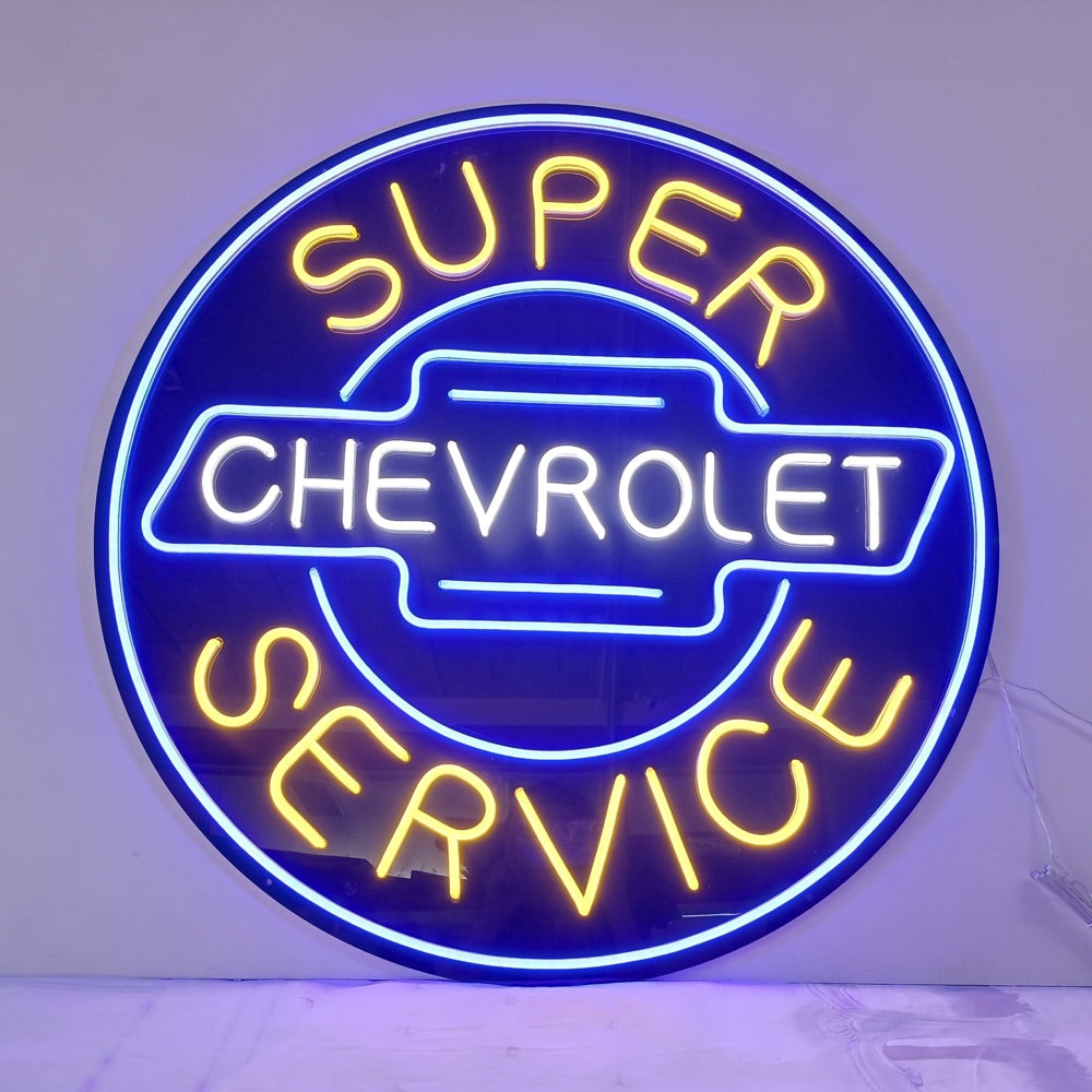 Acabado logo Chevrolet signo de neón brillando en azul y amarillo
