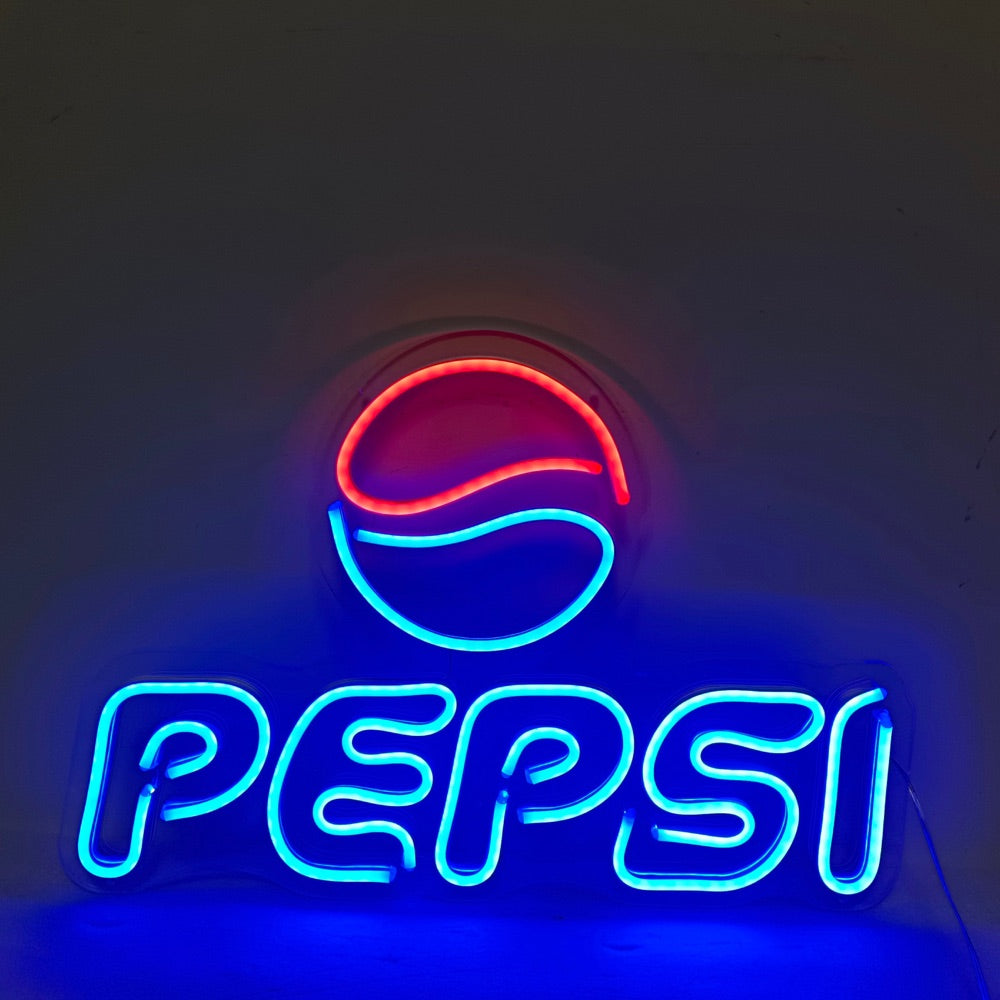 Acabado logo de Pepsi signo de neón brillando en rojo y azul