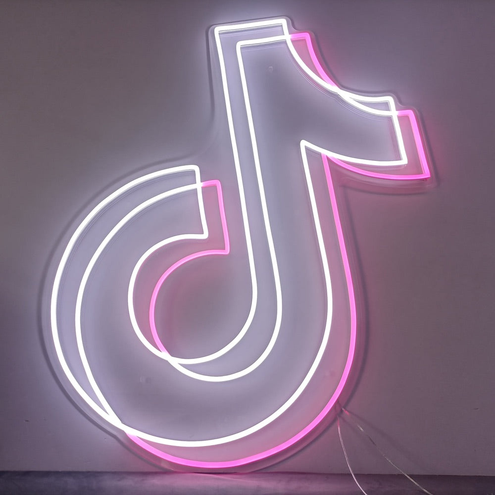 Acabado TikTok logo signo de neón brillando en blanco y rosa